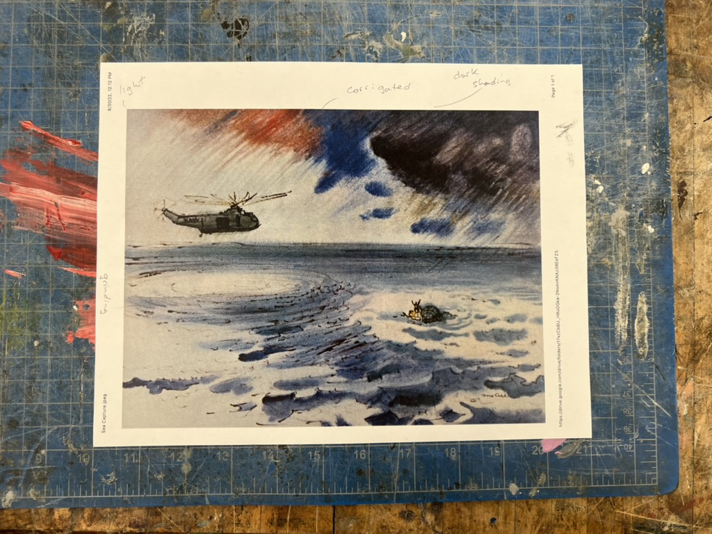 Annotated print of McCall sea-rescue painting used as design reference