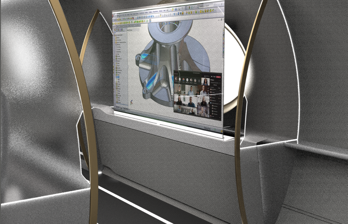 CAD render: transparent display workstation with CAD model and video call