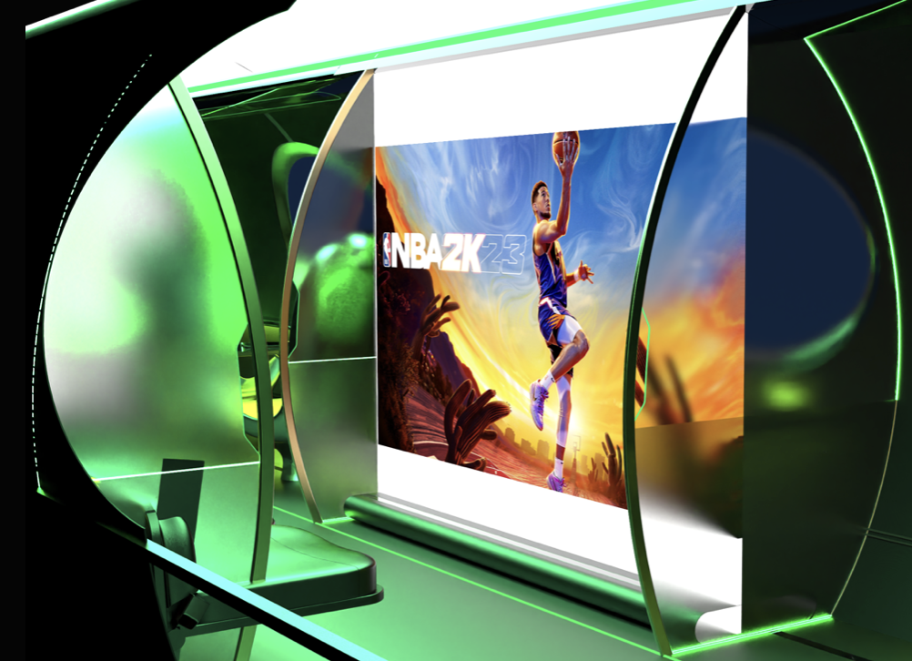 CAD render: entertainment screen with neon cabin accents